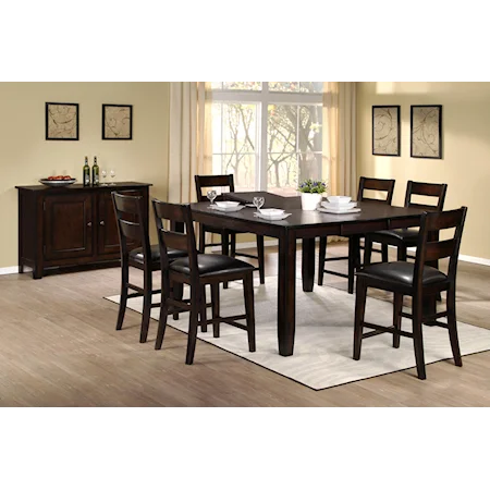 Transitional Pub Dining Set with Six Upholstered Chairs